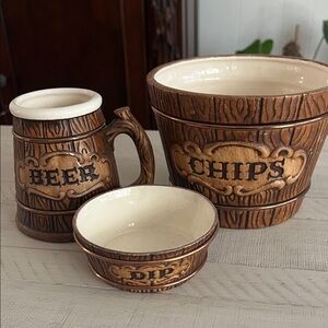 Rustic Brown Ceramic Beer, Chips, and Dip Set